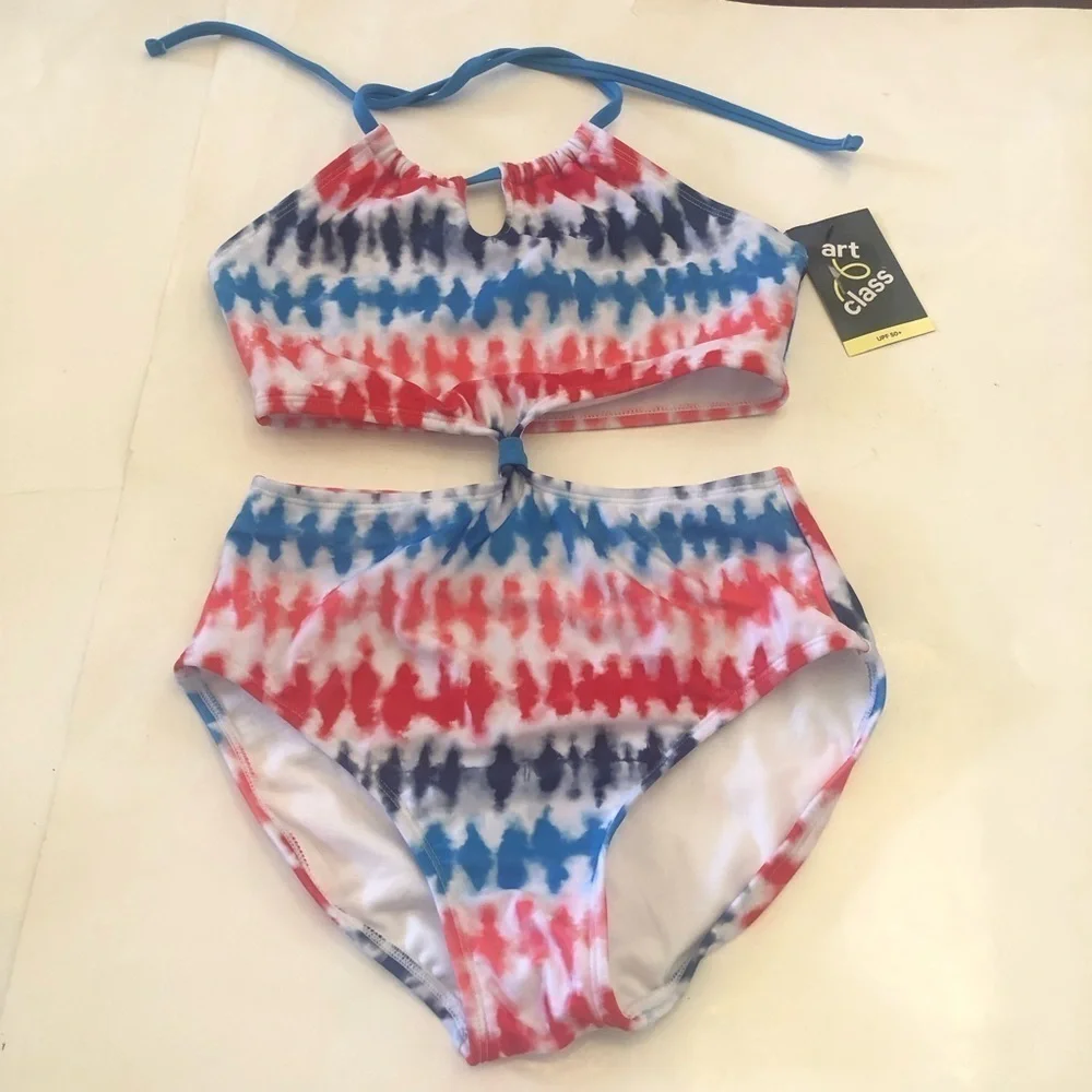Art Class Girls' Tie-Dye Striped Cut Out Halter One Piece Swimsuit Size XL 14